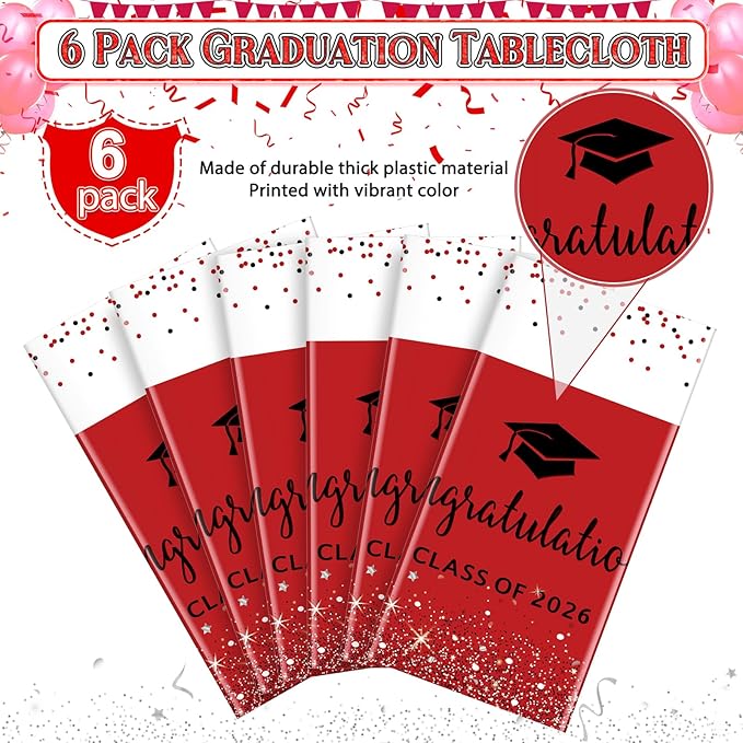 6 Pack Class of 2026 Graduation Tablecloths,Foil Dot Plastic Disposable Rectangle Table Covers for 2026 High School University College Graduation Party Decorations,108*54 Inch (Red and Black)