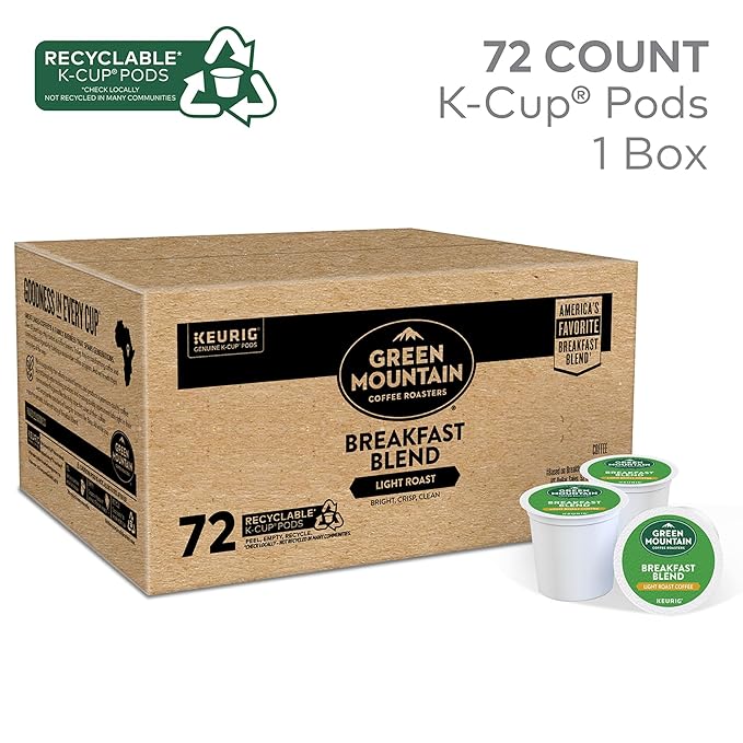 Green Mountain Coffee Roasters Breakfast Blend, Single-Serve Keurig K-Cup Pods, Light Roast Coffee Pods, 72 Count