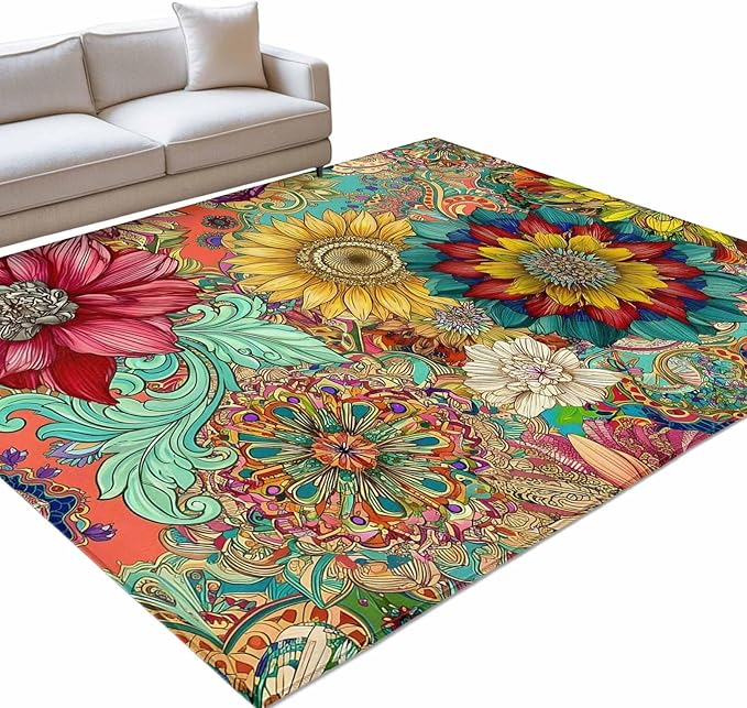 Area Rug 3x5ft, Boho Colorful Blossom Flower Washable Rugs for Living Room Bedroom, Country Retro Ethnic Floral Soft Non-Slip Area Rugs Rectangle Floor Carpet for Dining Room