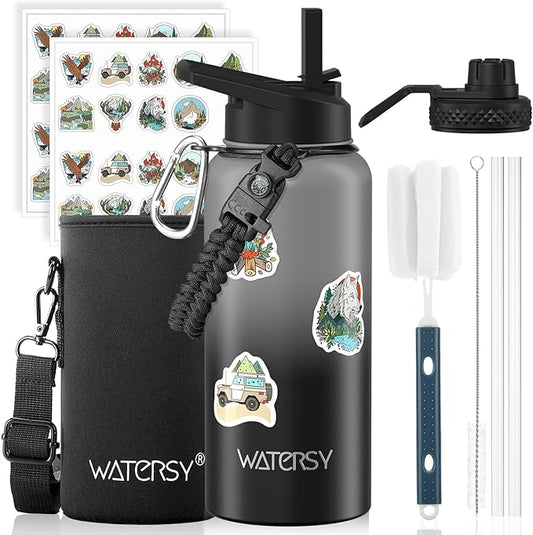 32oz Insulated Water Bottle (Cold for 48 Hrs),BPA Free&Leak Proof,Stainless Steel Water Flask,Water Jug with Straw Spout Lids for Gym,Hiking,Travel,Grey Black