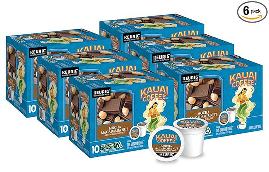 Kauai Coffee K-Cup Pods for Keurig Brewers – Arabica Coffee, 10% Hawaiian – Medium Roast, Savory and Chocolatey Aroma – Mocha Macadamia Nut, 6 Packs of 10 Single Serve K-Cups