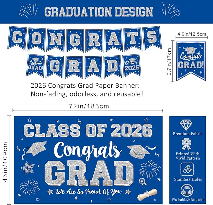 Graduation Decorations Class of 2026, Blue and Silver Graduation Decorations Include Grad Backdrop, Banner, Hanging Swirls, Porch Sign, Balloons for Congrats Grad Party Supplies