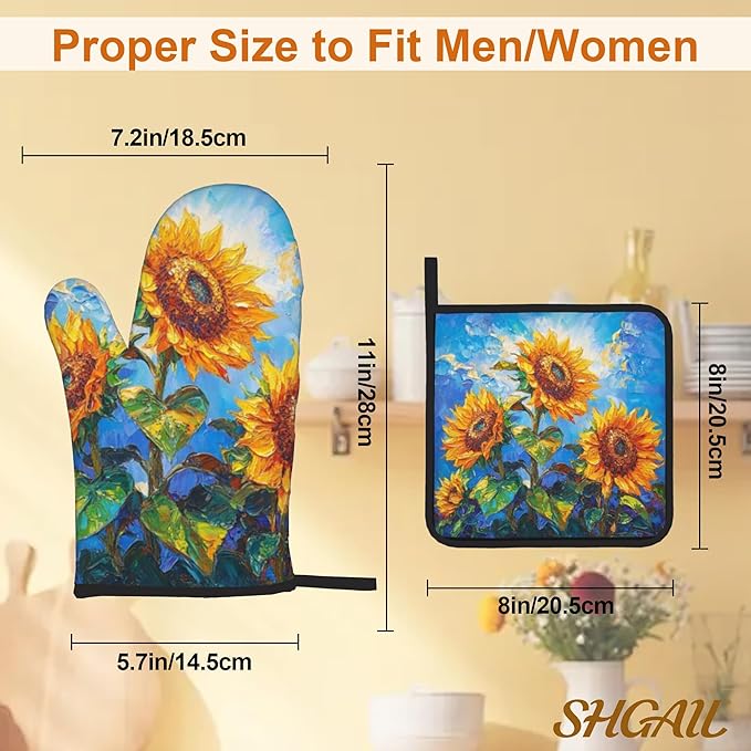 Sunflower Pattern Oven Gloves and Hot Pads Set - Heatproof Hand Protection for Baking, Grilling, Cooking 4Pcs