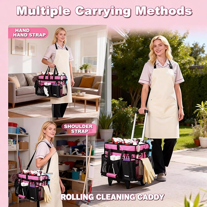 Cleaning Caddy with Wheels, Rolling Cleaning Supplies Organizer with Bottom Board, Dividers & Shoulder Strap, Portable Utility Tote with Small Trolley, Rose Pink