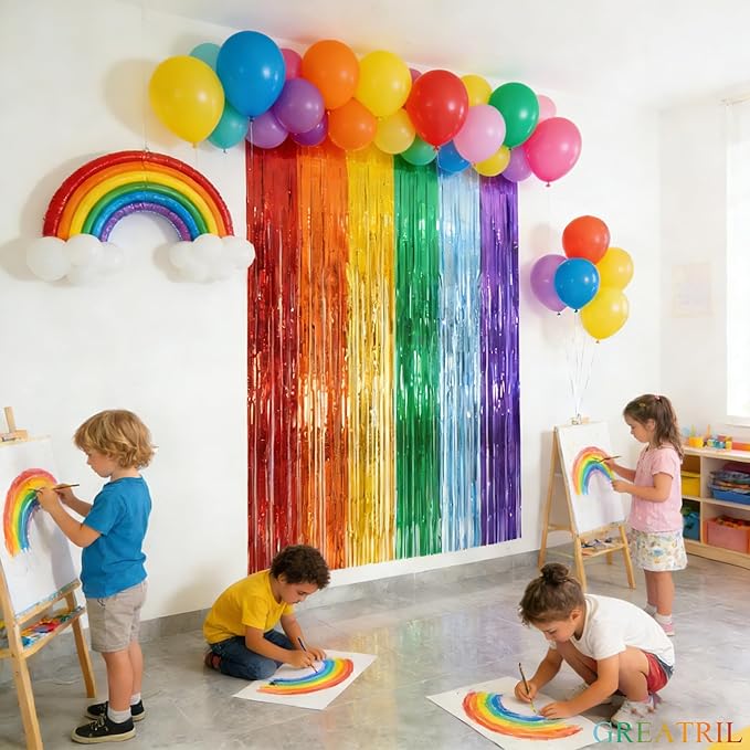 Rainbow Foil Fringe Curtains - GREATRIL Metallic Tinsel Streamers Backdrop for Birthday/Pride/Rainbow/Watermelon Themed Party Decorations 8.2ft x 3.2ft 2 Packs