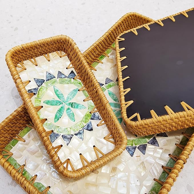 i-lan 15" Rattan Tray Set of 3, Rectangular Mother of Pearl Decorative Tray, Green Geometric Woven Nesting Trays for Serving, Boho Home Decor for Vanity, Entryway, Living Room & Kitchen