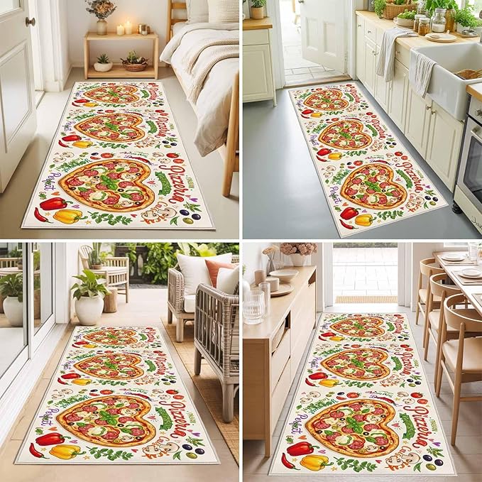 Runner Rug for Bedroom Hallway, Cartoon Pizza Watercolor Graffiti Kitchen Runner Rugs Area Rug 2x6ft, Farmhouse Vegetable Leaves Washable Soft Floor Carpet for Entryway Stair