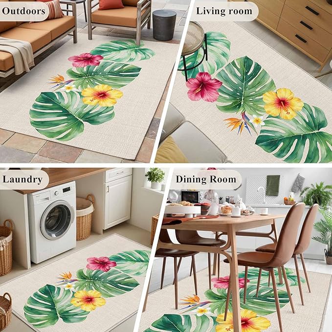 Area Rug 3x5ft, Country Monstera Hibiscus Foliage Washable Rugs for Living Room Bedroom, Tropical Plant Vintage Linen Soft Non-Slip Area Rugs Rectangle Floor Carpet for Dining Room