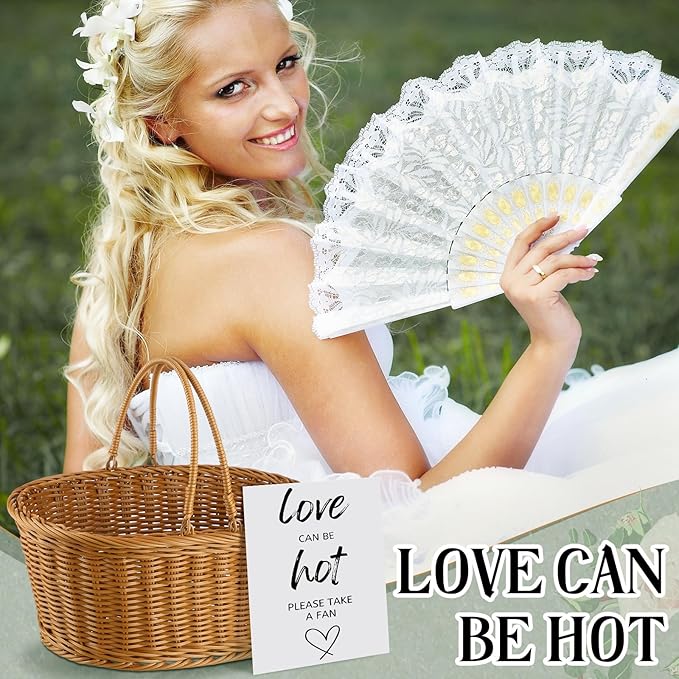 AceOrbit Wedding Fans Storage Basket with Handle " Love Can Be Hot Please Take a Fan" Table Sign Handwoven Natural Wicker Rattan Storage Basket for Organizing Bridal Shower Wedding Fans for Guests