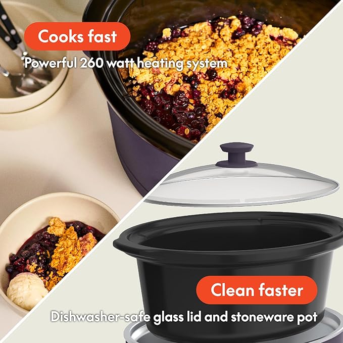 bella 6.0 Qt Programmable Slow Cooker, Ceramic Nonstick Coating, Adjustable Temperature & Cooking Times, Dishwasher Safe Stoneware Pot & Tempered Glass Lid, Tangle Free Cord Wrap, Plum