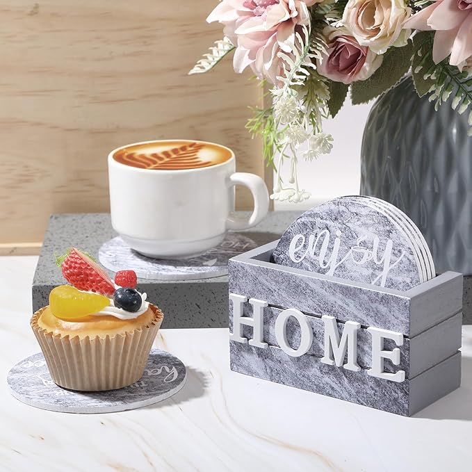 Queekay Coasters Set of 6 House Warming Gifts New Home Wooden Farmhouse Drink Coasters with Holder 4'' Funny Decoration for Kitchen Family Coffee Bar Tabletop Protection(Gray Marble)