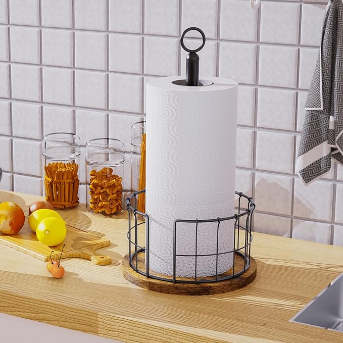 Homode Paper Towel Holder Stand, Countertop Paper Towel Holder with Weighted Base, Farmhouse Standing Paper Towel Roll Dispenser for Kitchen Counter, Fits Standard or Jumbo-Sized Rolls, Rustic Brown