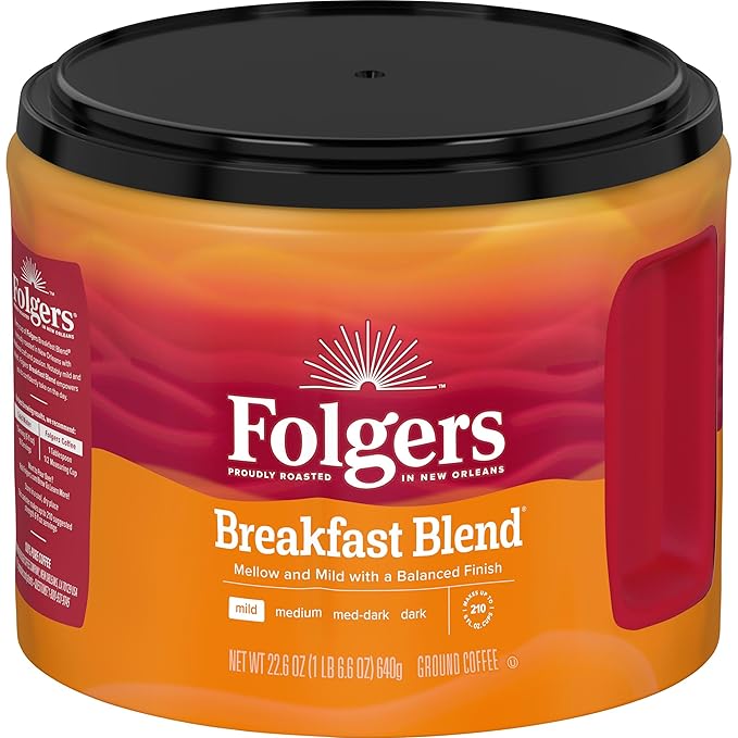 Folgers Breakfast Blend Ground Coffee, Mild Roast, 22.6 Oz. Canister (Pack of 6)