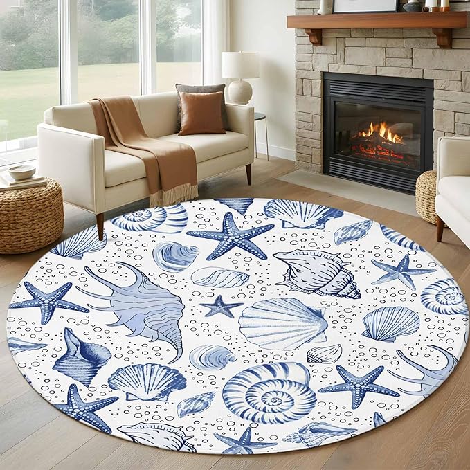 Washable Round Area Rug Navy Blue Starfish Conch Shell Seamless Circle Rugs Floor Carpet for Living Room Bedroom, Summer Ocean Bubbles Soft Non Slip Round Rug 5ft