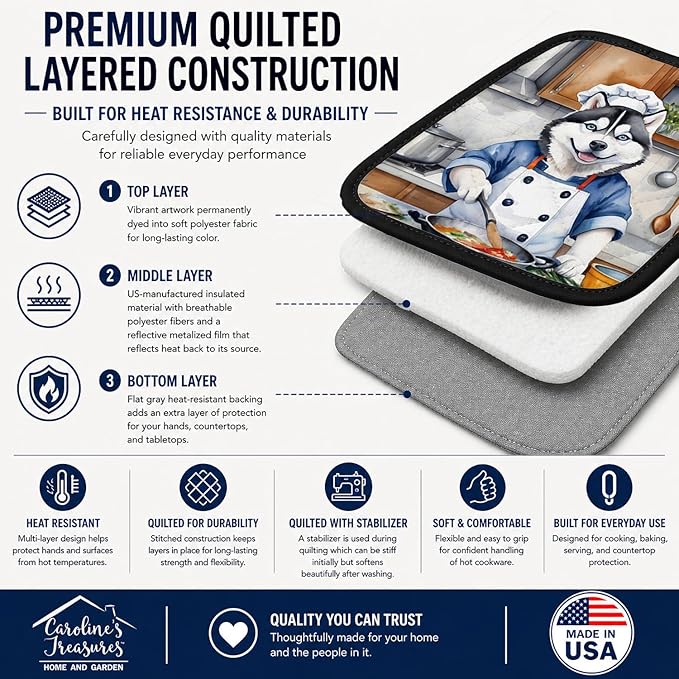 Caroline's Treasures Siberian Husky The Chef Pair of Pot Holders Kitchen Heat Resistant Pot Holders Sets Oven Hot Pads for Cooking Baking BBQ, 7 1/2 x 7 1/2