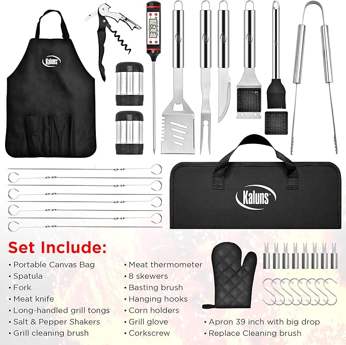 Kaluns Grilling Accessories, Dad Gifts for Fathers Day, Heavy Duty Stainless Steel Grill Set BBQ Grill Accessories for Outdoor Grill with Meat Thermometer, Case and Apron