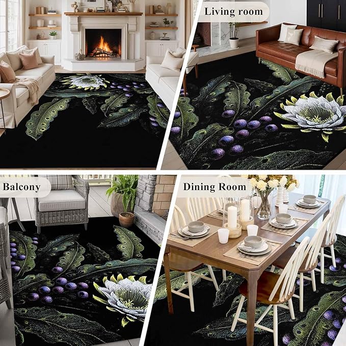 Area Rug 6x9ft, Watercolor Flower Berry Leaves Washable Rugs for Living Room Bedroom, Botanical Plant Dark Style Soft Non-Slip Area Rugs Rectangle Floor Carpet for Dining Room