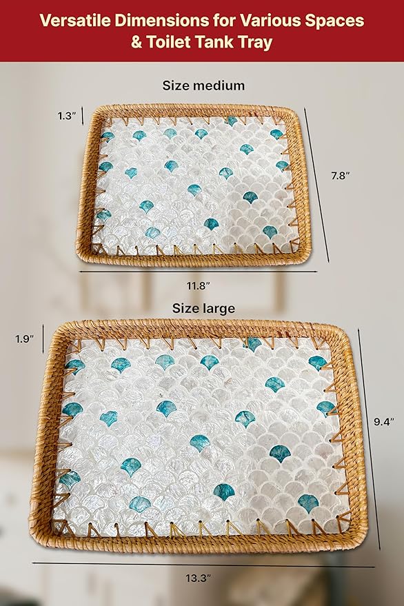 Rattan Rectangle Tray with Mother of Pearl Inlay, Unique Decorative and Serving Tray for Outdoor,Bathroom, Kitchen, Vanity, Perfume, or Coffee Table (Combo Fin 13"&11.8")