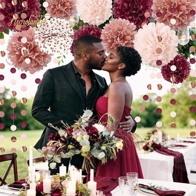 NICROLANDEE Bachelorette Party Decorations - 15Pcs Burgundy Rose Gold Tissue Pom Poms Circle Dots Polka Dot Kit for Valentines, Engagement, Wedding, Bridal Shower, Burgundy Birthday Decorations