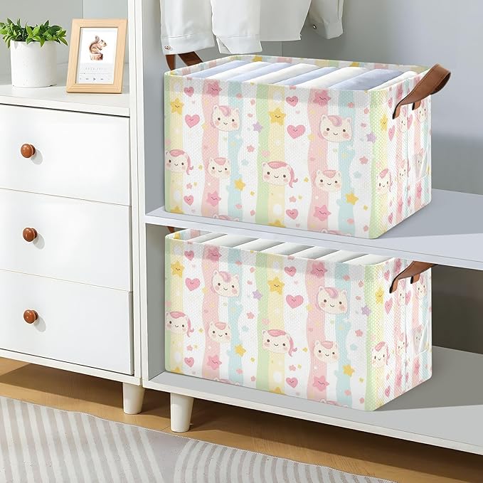 Collapsible Storage Basket With Handles Cartoon Unicorn Lovely Stripes Medium Storage Box for Clothes Organizing Waterproof Foldable Storage Bins 1 Piece
