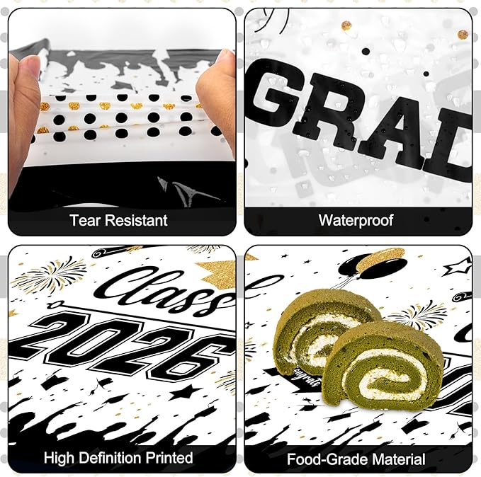 Graduation Decorations Class of 2026 Tablecloth - 3 Pcs Plastic Congrats Grad Table Cloth, Graduation Table Cover for Graduation Party Decorations 2026 and Party Supplies, 54"x108" (Black and Gold)