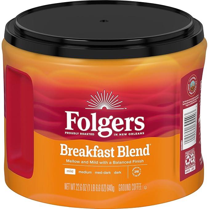 Folgers Breakfast Blend Ground Coffee, Mild Roast, 22.6 Oz. Canister (Pack of 6)