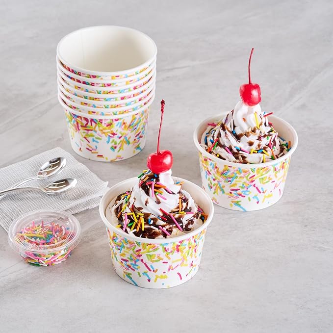 Coppetta 8 Ounce Dessert Cups, 200 Greaseproof Ice Cream Cups - Lids Sold Separately, For Hot And Cold Foods, White Paper Yogurt Bowls, Party Sprinkle Design, Disposable, Sturdy - Restaurantware