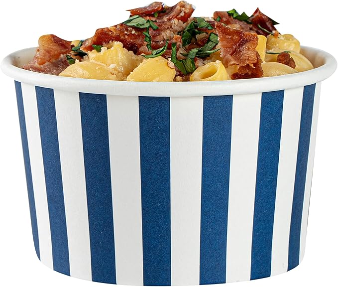 Coppetta 5 Ounce Dessert Cups, 50 Disposable Ice Cream Cups - Lids Sold Separately, Sturdy, Blue And White Paper FroYo Bowls, Striped, For Hot And Cold Foods, Perfect For Gelato - Restaurantware