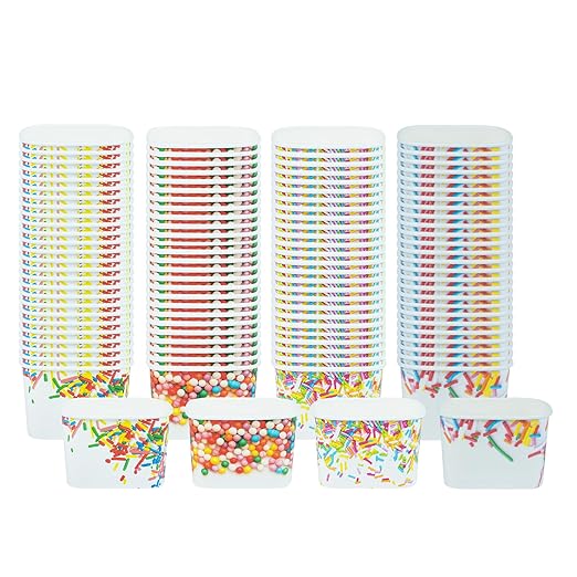 Restaurantware Paper Cups 200 Count 12 Ounce Square Disposable Ice Cream Containers, Leak-Resistant Paper Dessert To Go Cups, Hot And Cold Food, Durable Assorted Sprinkles Design