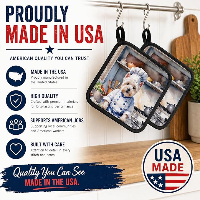 Caroline's Treasures Westie The Chef Pair of Pot Holders Kitchen Heat Resistant Pot Holders Sets Oven Hot Pads for Cooking Baking BBQ, 7 1/2 x 7 1/2