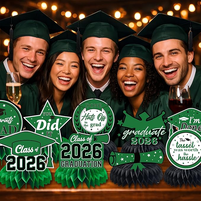 Graduation Decorations 2026 - Green Graduation Honeycomb for Table Centerpiece | Graduation Party Decorations Class of 2026,Table Toppers for Graduation Party Favors Supplies Indoor Outdoor