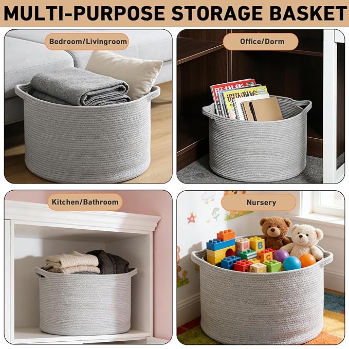 90L Extra Large Blanket Basket,Woven Rope Laundry Basket Hamper with Handles, Decorative Nursery Basket Storage Bin for Toys, Clothes Organizer, Living Room, Bedroom, Bathroom, Light Grey