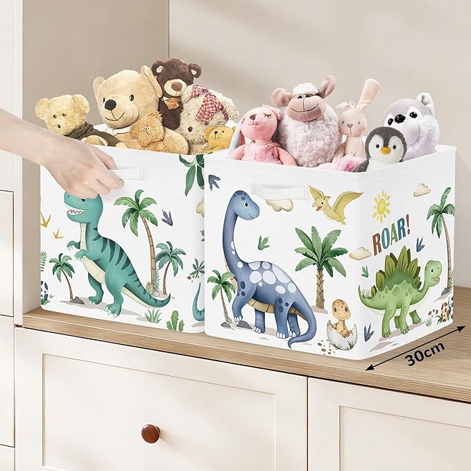 Clastyle 3 Pack 11.8'' Fabric Dinosaur Storage Basket for Shelves Collapsible Closet Organizers with Metal Frame Bottom Board Large Kid Clothes Toy Book Cube Bin for Playroom Bedroom,Boho
