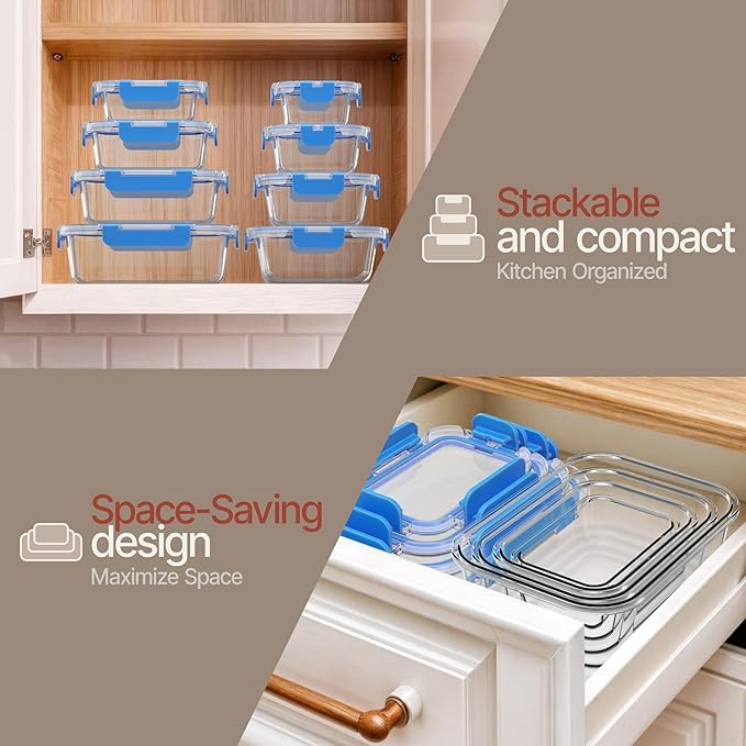 Bakken Borosilicate Glass Food Storage Containers with Lids 16 Pieces, BPA-Free Stackable Lunch & Leftover Containers, Microwave, Freezer & Dishwasher Safe, 100% Airtight Leak-Proof, Blue