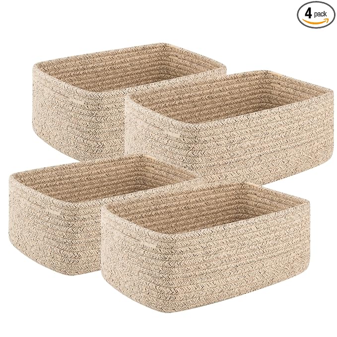 OIASKET 4 Pack Small Storage Shelf Baskets for Organizing, Mini Woven Rope Storage Bins for Towels, Cute Decorative Closet Organizer，Baby Nursery, Gift Empty Baskets -13''Lx8.66''Wx5.11''H-Brown