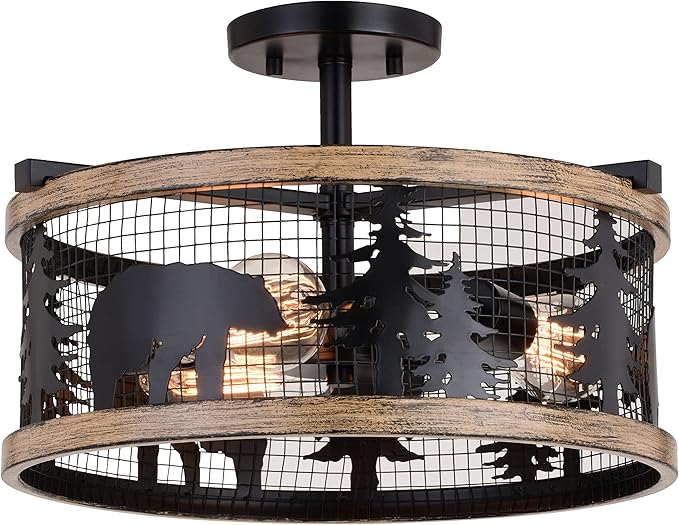 VAXCEL Kodiak 16 Inch Rustic Flush Mount Ceiling Light, Bear and Tree Motif, Dimmable Indoor Outdoor Lighting, Black and Burnished Teak Finish