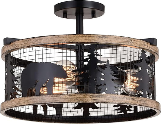 VAXCEL Kodiak 16 Inch Rustic Flush Mount Ceiling Light, Bear and Tree Motif, Dimmable Indoor Outdoor Lighting, Black and Burnished Teak Finish