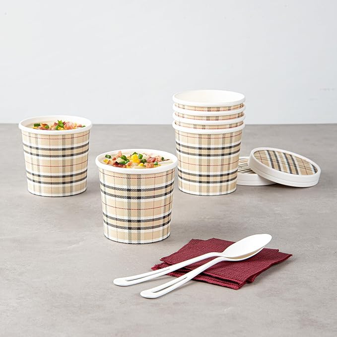 Restaurantware Bio Tek 12 Ounce Soup Containers 200 Durable Soup Bowls - Disposable Sustainable Plaid Print Paper Soup Cups Round For Hot Or Cold Foods