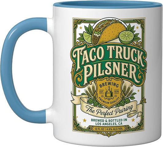 Taco Truck Pilsner Retro cerveza Funny Beer Label Ceramic Mug, Blue/White