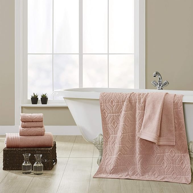 Modern Threads 6 Piece Cotton Bath Towel Set – Ultra Soft 550 GSM Towels – Bathroom Set with Hand Towels and Washcloths – Geometric (Blush)