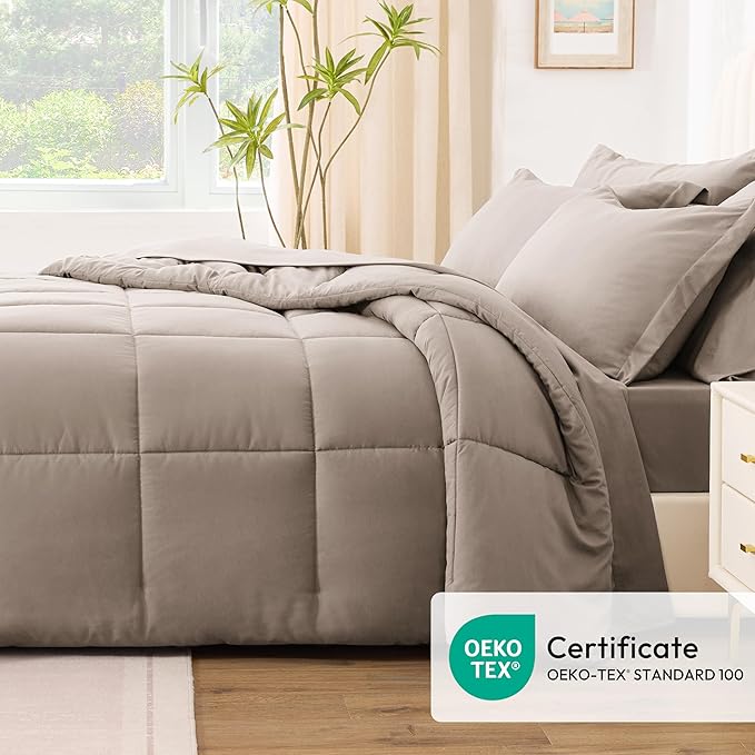 Love's cabin King Size Comforter Set Light Brown, 7 Pieces King Bed in a Bag, All Season Bedding Sets with 1 Comforter, 1 Flat Sheet, 1 Fitted Sheet, 2 Pillowcase and 2 Pillow Sham | Soft, Breathable, Lightweight, Comfortable