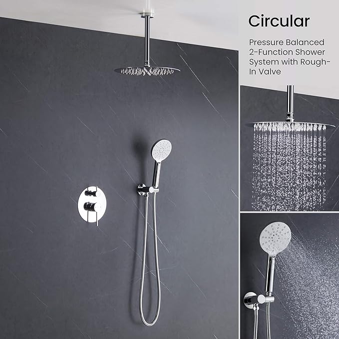 KIBI Circular Ceiling Mounted Shower System with 2-Function Faucet Set | Solid Brass Pressure Balanced Valve | Anti-Scald Design for Reliable Water Temperature Control (Chrome Finish, KSF408)