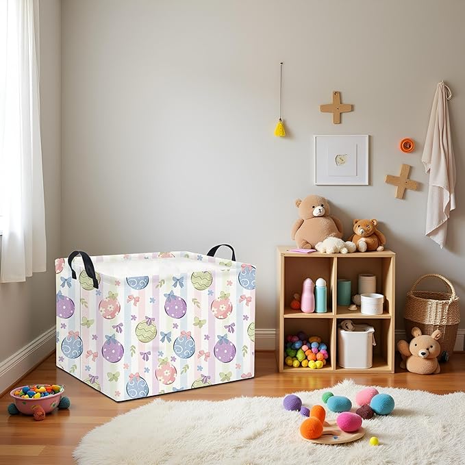 HIYAGON Rectangular Easter Basket Fabric Storage Bin Boxes Collapsible Baby Girl Basket for Clothes Books Shelves Basket(Bowknot Egg)