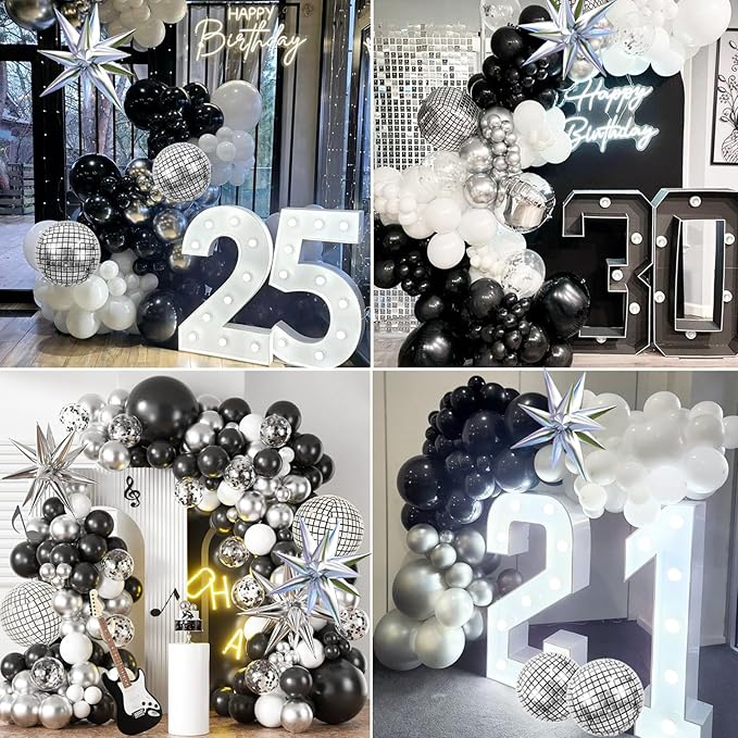 KARLURE Black Silver Balloons Arch Kit, Black Silver White Balloons Disco Ball Balloons Arch for Disco Party Decorations Birthday 2026 Graduation Decorations Anniversary Decorations