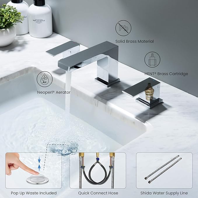 KIBI 2-Handle Cube Bathroom Sink Faucet with Drain Assembly | 3-Hole Installation, Solid Brass Construction | 8-Inch Wide Spread Lavatory Faucet | Chrome Finish, KBF1024