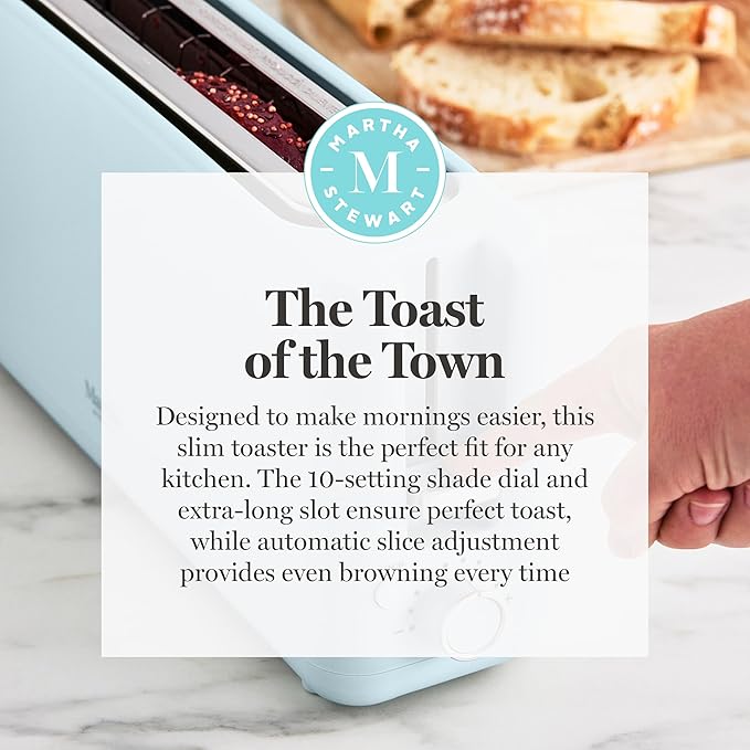 Martha Stewart 2 Slice Long Slot Toaster, Extra Wide for Sourdough & Bagels, 10 Setting Shade Control, Removable Crumb Tray, Self-Centering Design, Defrost/Reheat, Cancel, Slim Space-Saving, Sky Blue
