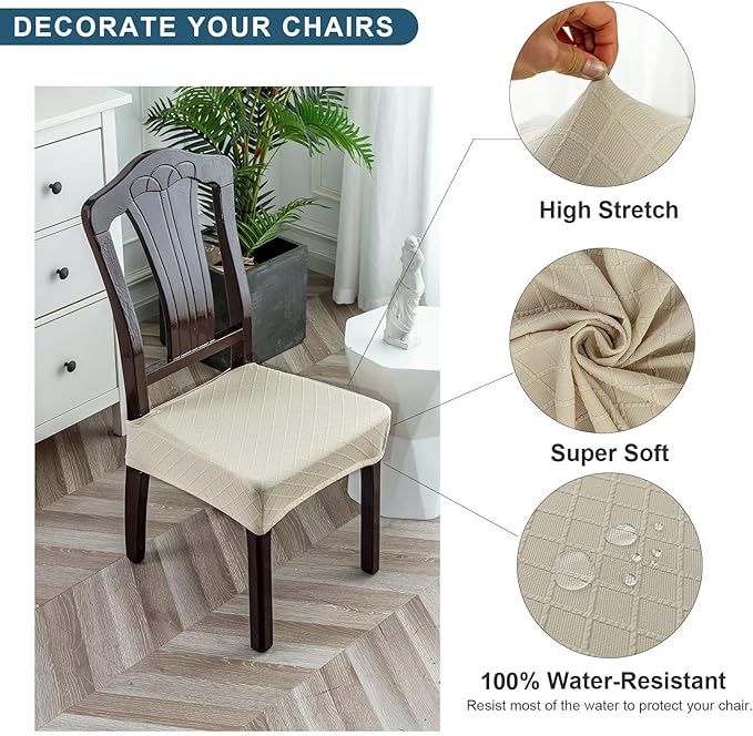 Genina Waterproof Seat Covers for Chairs,Set of 6 Dining Room Chair Seat Covers for Kitchen,Stretch Jacquard Removable Washable Dining Chair Slipcovers Protectors with Rear Covers, Beige