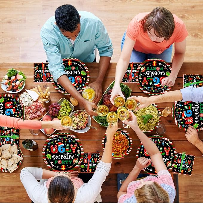 200Pcs Christmas Ugly Sweater Party Plates, Red and Green Ugly Xmas Sweater Party Decorations Supplies Winter Holidays Family Gathering Birthday Party Tableware Disposable Dinnerware Set , Serves 50