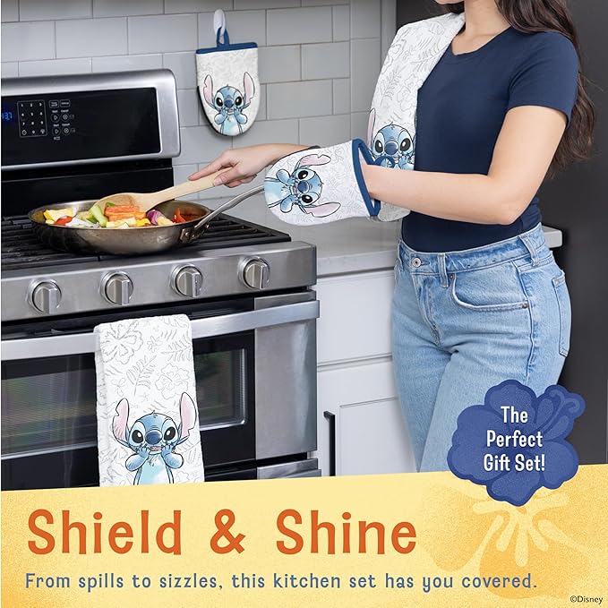 Disney Kitchen Towels & Oven Mitts Set – 4 Piece Bundle with 2 Cotton Dish Towels/Hand Towels & 2 Heat Resistant Mini Oven Mitts (Pot Holders) – Mickey, Stitch & Pooh (Stitch)