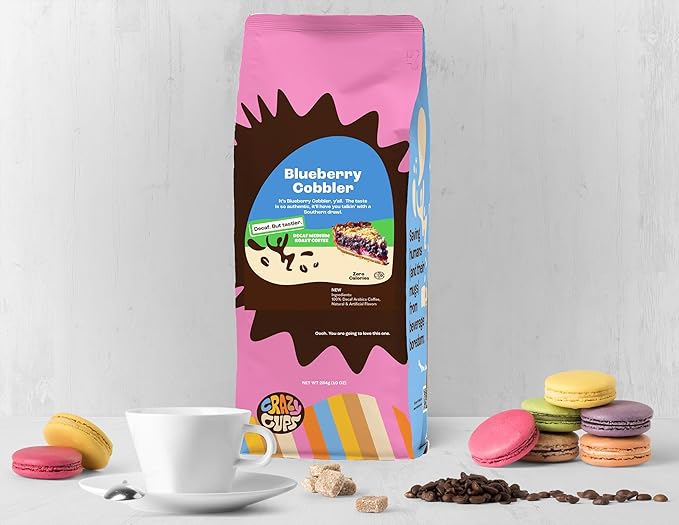 Crazy Cups Flavored Ground Decaf Blueberry Coffee, Decaffeinated Blueberry Cobbler Coffee in 10 oz Bag, For Brewing Flavored Hot or Iced (Pack of 1)